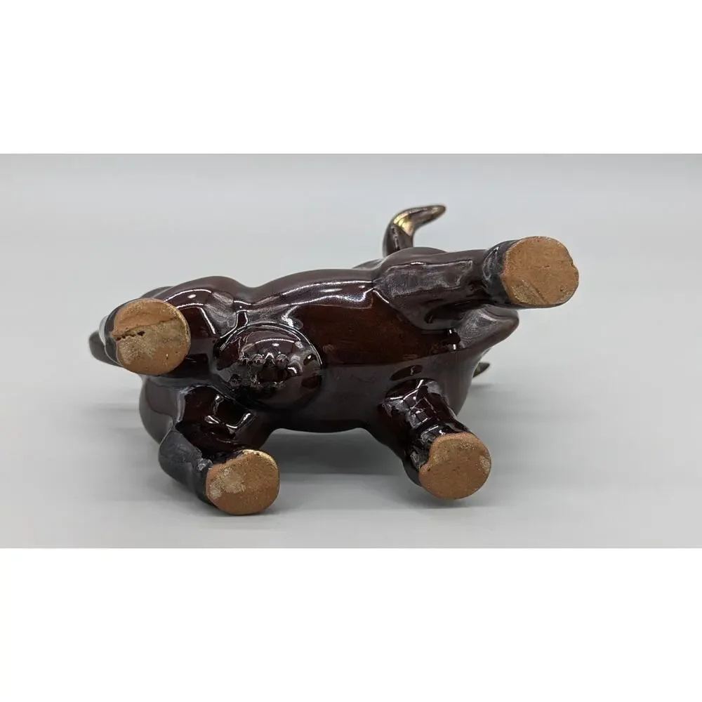 Vintage MCM Stoneware Ceramic Brown & Gold Bull Coffee Creamer Dish 6